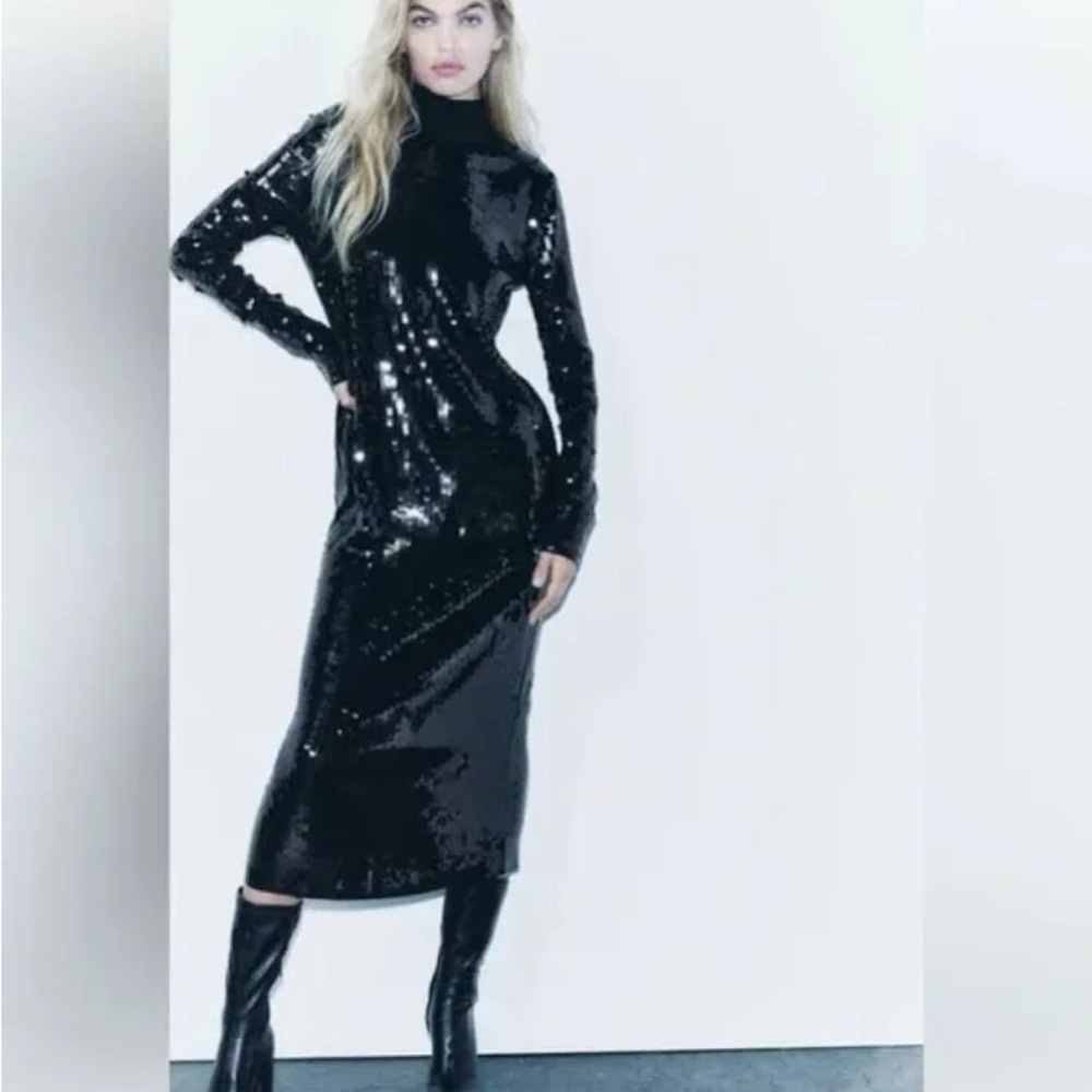 Zara Long Sequin Dress Limited Edition Black 9325/103 Size S New With Tags